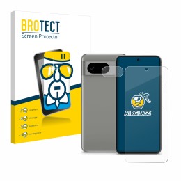 Parte frontal de un envase de producto con el logotipo de la marca BROTECT. Al lado se muestra el dispositivo Google Pixel 8 (