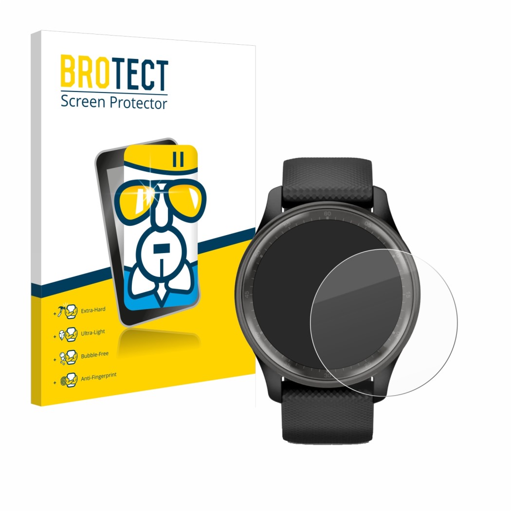 Parte frontal de un envase de producto con el logotipo de la marca BROTECT. Al lado se muestra el dispositivo Garmin Vivomove 