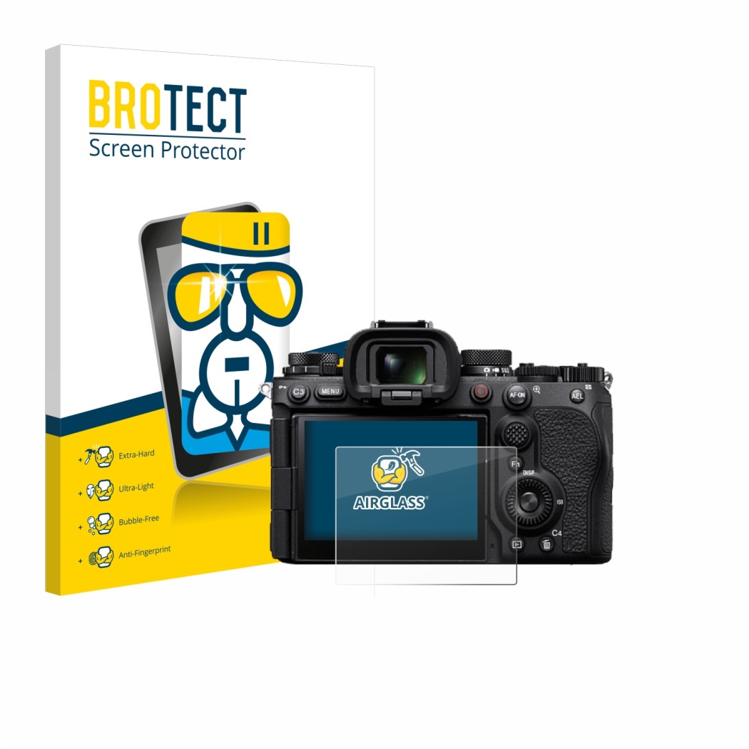 Parte frontale di una confezione del prodotto con il logo del marchio BROTECT. Accanto è raffigurato il dispositivo Sony Alpha