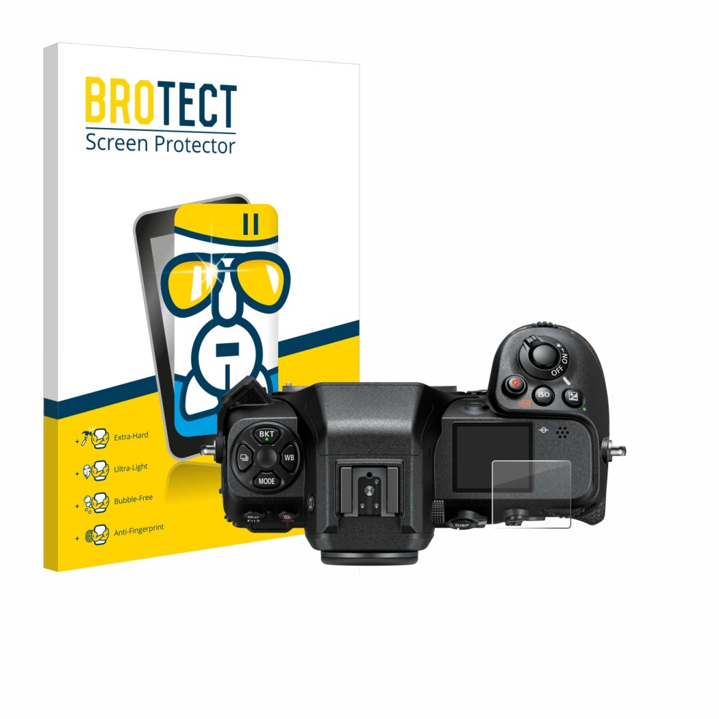 Front side of a product packaging with the brand logo BROTECT. Next to it is the device Nikon Z 8 (top plate display) shown wi