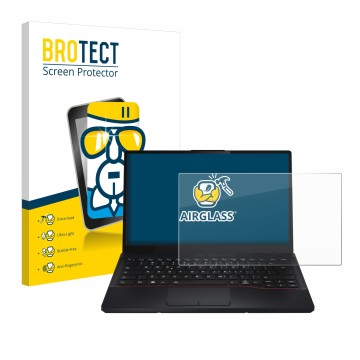 Parte frontal de un envase de producto con el logotipo de la marca BROTECT. Al lado se muestra el dispositivo Fujitsu Lifebook