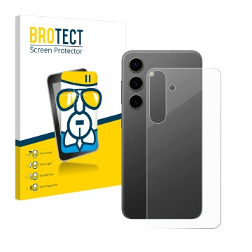Vorderseite einer Produktverpackung mit dem Markenlogo BROTECT. Daneben ist das Gerät Samsung Galaxy S24 Plus (Rückseite) mit 