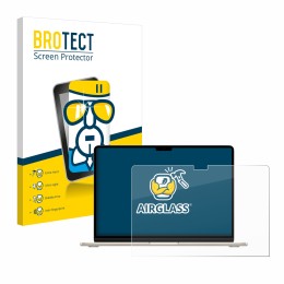 Parte frontal de un envase de producto con el logotipo de la marca BROTECT. Al lado se muestra el dispositivo Apple MacBook Ai