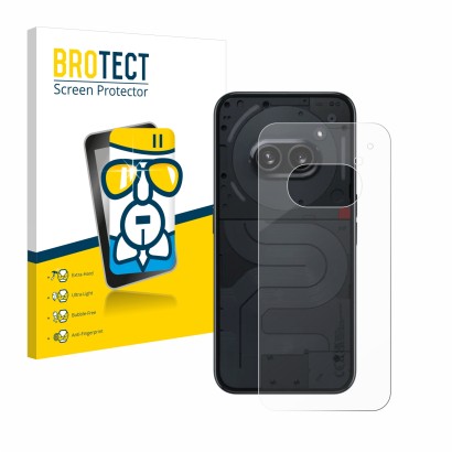 Front side of a product packaging with the brand logo BROTECT. Next to it is the device Nothing Phone (2a) (Back) shown with t