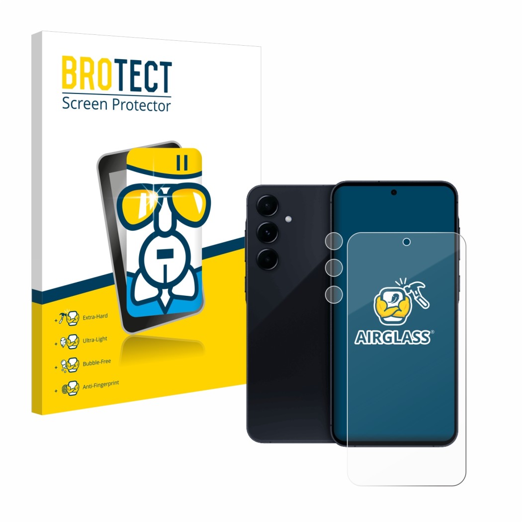 Parte frontal de un envase de producto con el logotipo de la marca BROTECT. Al lado se muestra el dispositivo Samsung Galaxy A