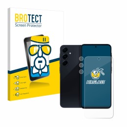 Parte frontal de un envase de producto con el logotipo de la marca BROTECT. Al lado se muestra el dispositivo Samsung Galaxy A