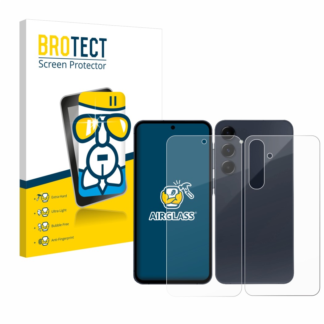 Parte frontal de un envase de producto con el logotipo de la marca BROTECT. Al lado se muestra el dispositivo Samsung Galaxy A