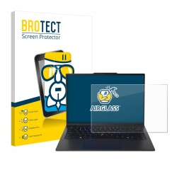 Parte frontal de un envase de producto con el logotipo de la marca BROTECT. Al lado se muestra el dispositivo Lenovo ThinkPad 