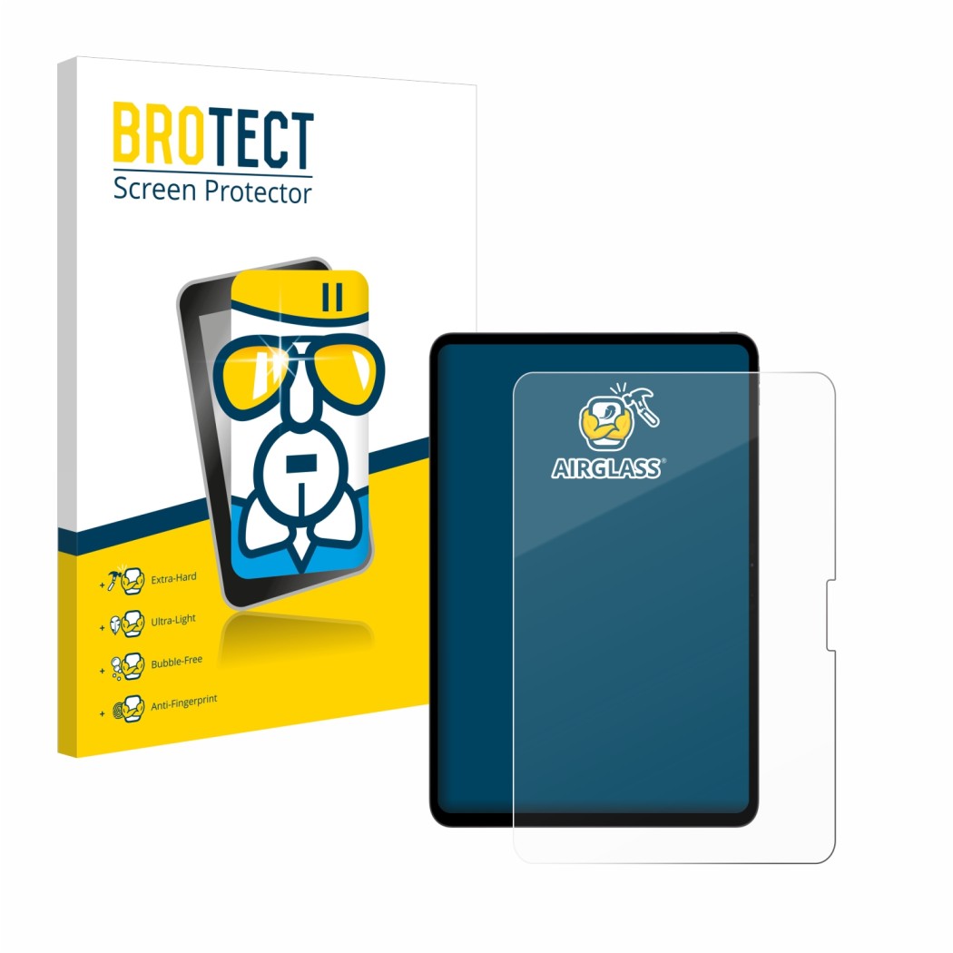 Face avant d’un emballage produit avec le logo de la marque BROTECT. À côté, l’appareil Apple iPad Pro 13