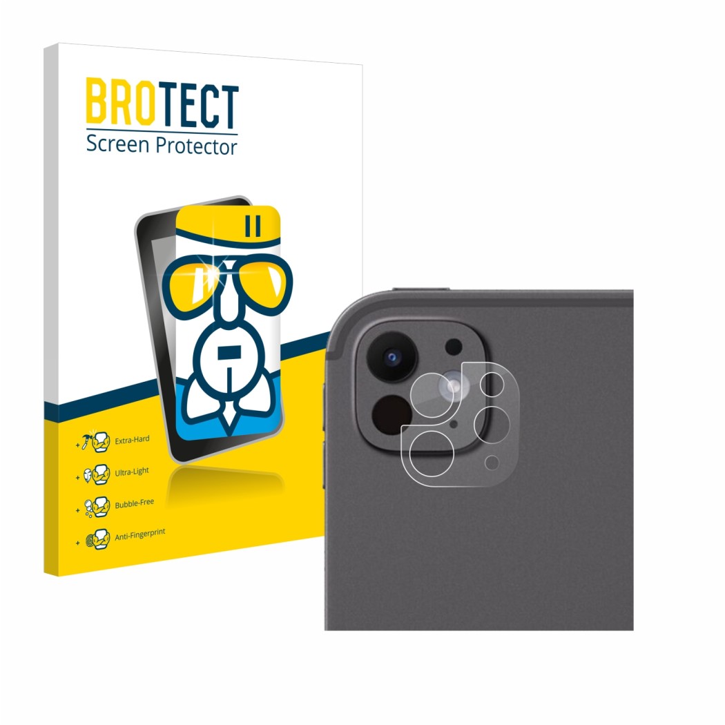 Face avant d’un emballage produit avec le logo de la marque BROTECT. À côté, l’appareil Apple iPad Pro 13