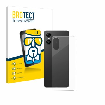 Front side of a product packaging with the brand logo BROTECT. Next to it is the device Sony Xperia 10 VI (Back) shown with th