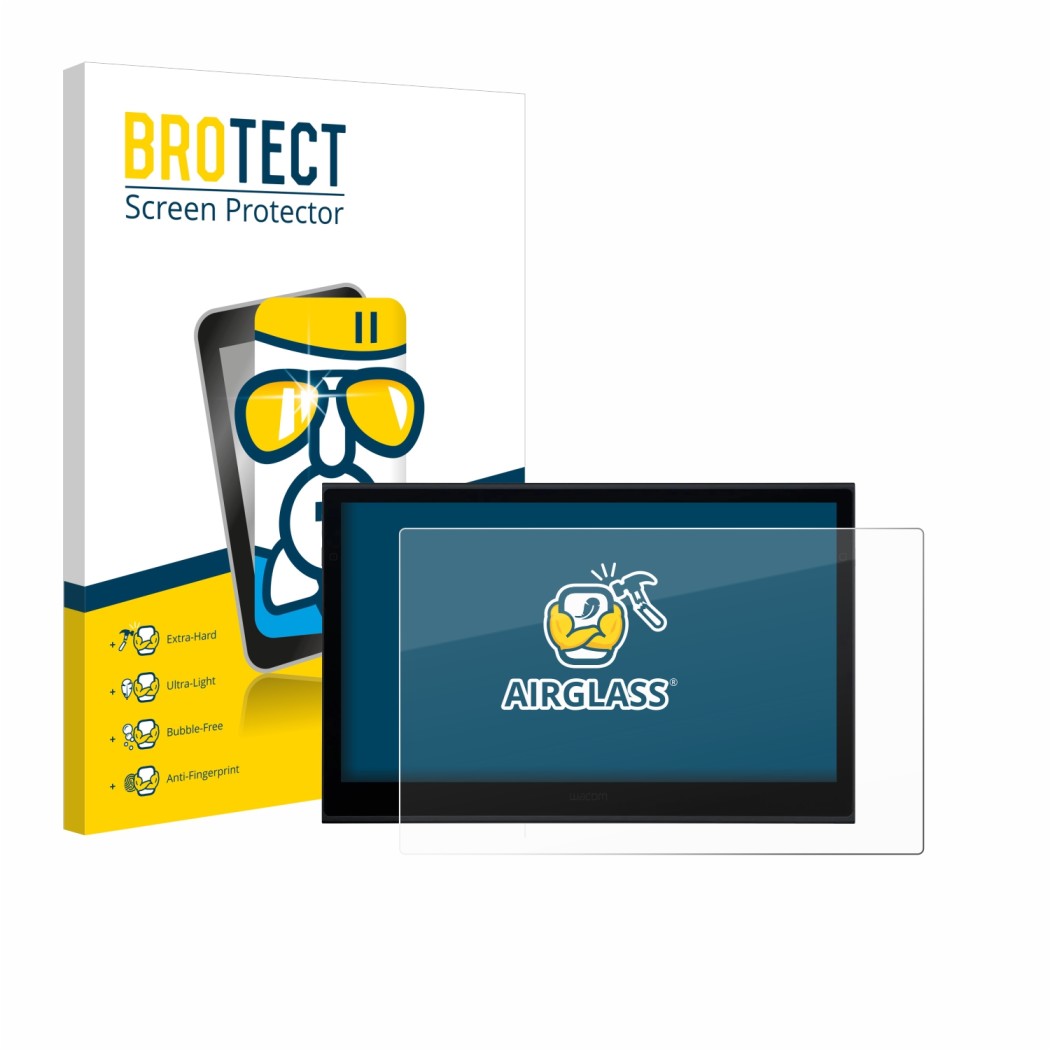 Front side of a product packaging with the brand logo BROTECT. Next to it is the device Wacom Movink 13 shown with the corresp