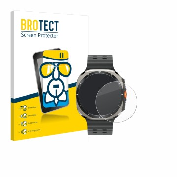 Vorderseite einer Produktverpackung mit dem Markenlogo BROTECT. Daneben ist das Gerät Samsung Galaxy Watch Ultra (47 mm) mit d