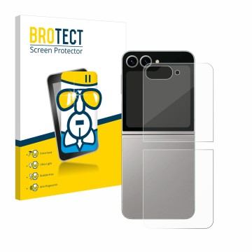Vorderseite einer Produktverpackung mit dem Markenlogo BROTECT. Daneben ist das Gerät Samsung Galaxy Z Flip 6 (Rückseite) mit 