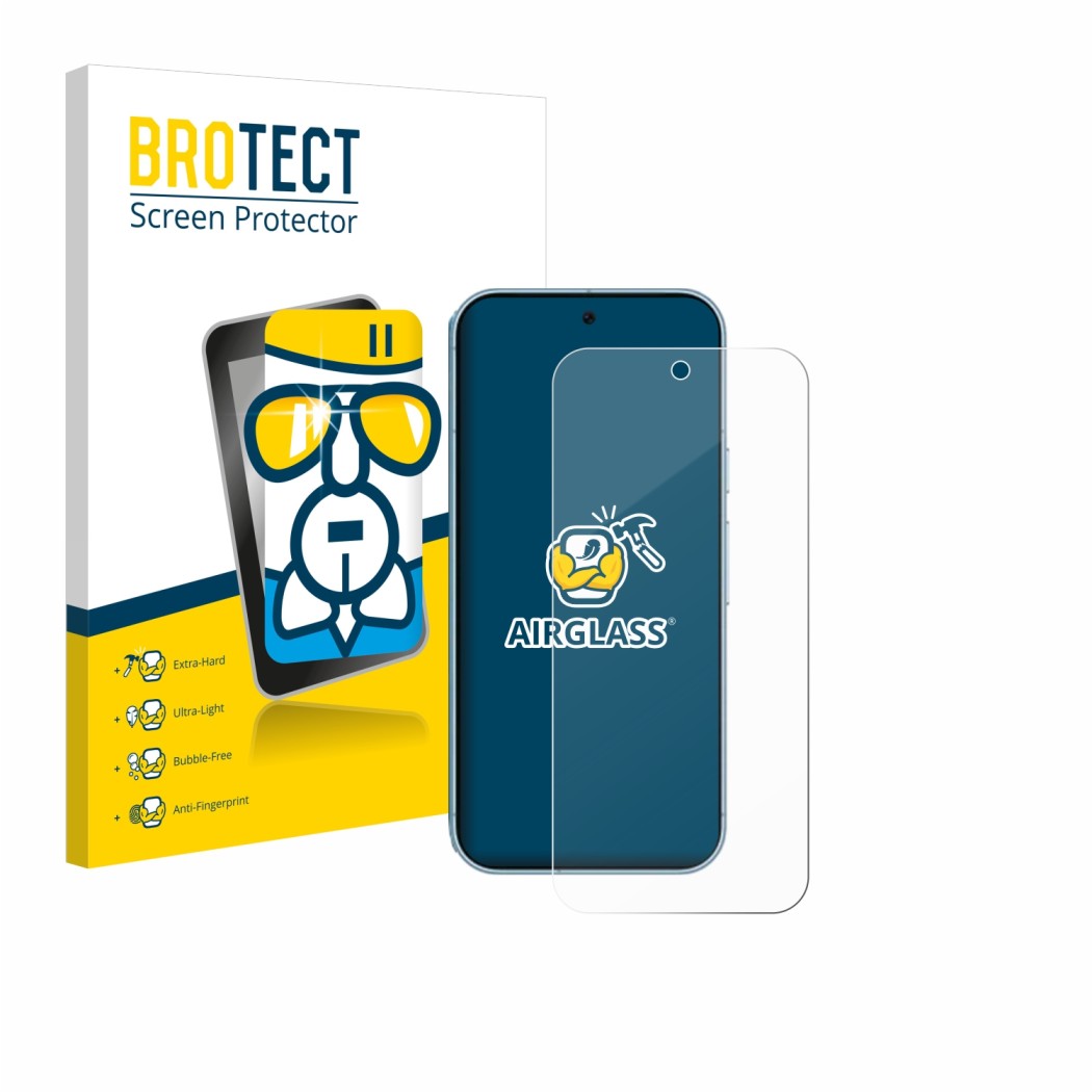 Front side of a product packaging with the brand logo BROTECT. Next to it is the device Google Pixel 9 Pro XL shown with the c