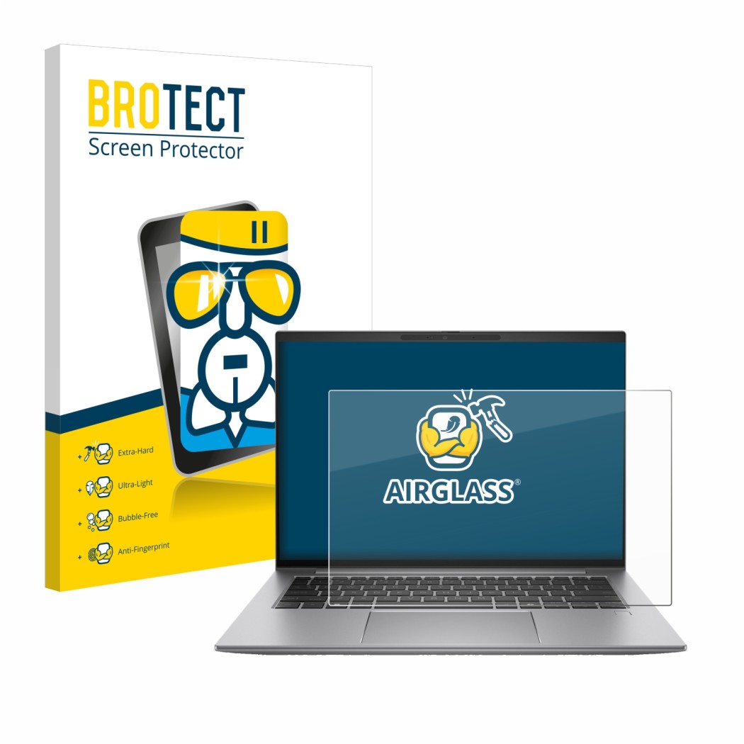 Front side of a product packaging with the brand logo BROTECT. Next to it is the device HP Zbook Firefly 14 G11 shown with the