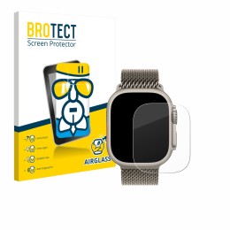 Parte frontal de un envase de producto con el logotipo de la marca BROTECT. Al lado se muestra el dispositivo Apple Watch Ultr