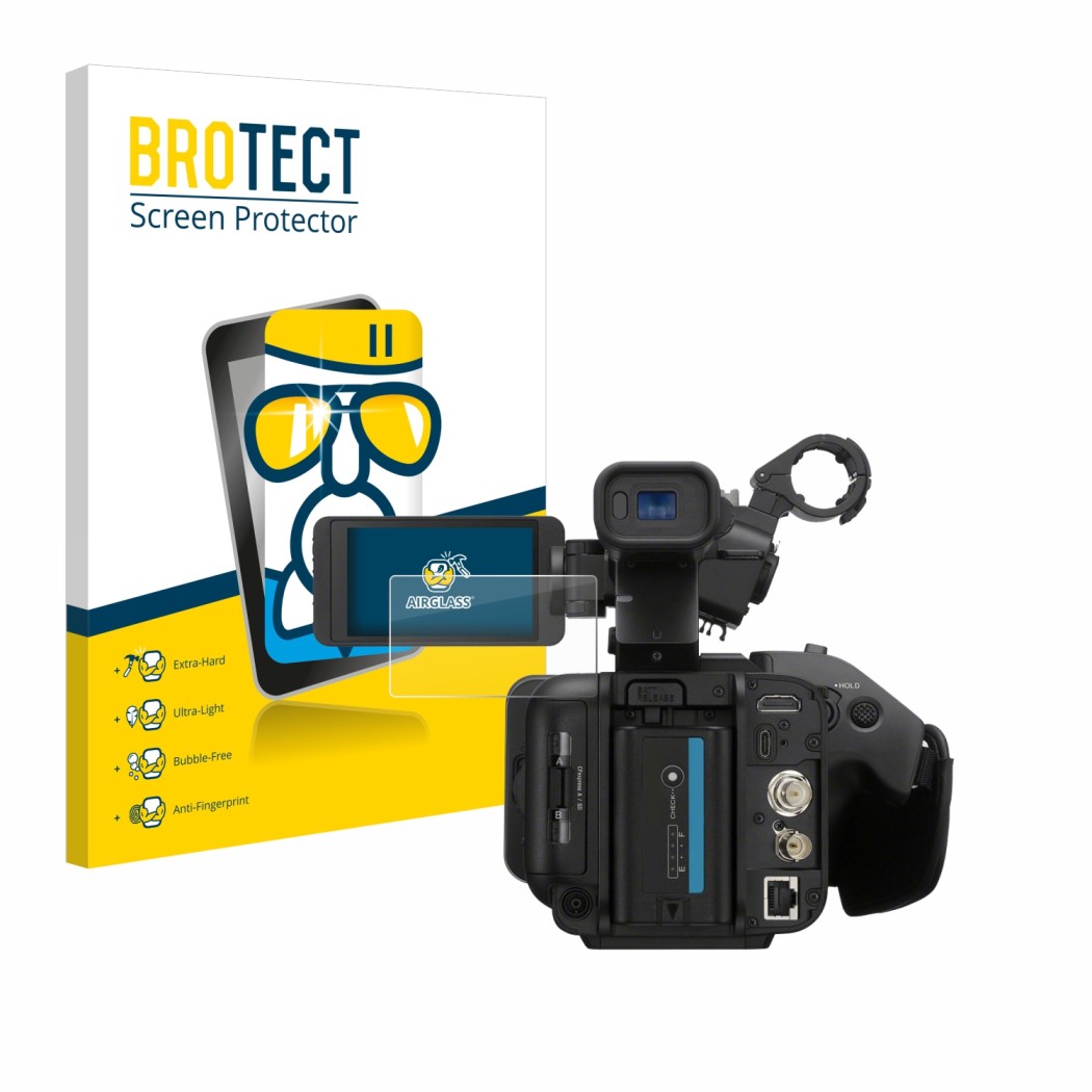 Parte frontal de un envase de producto con el logotipo de la marca BROTECT. Al lado se muestra el dispositivo Sony PXW-Z200 co