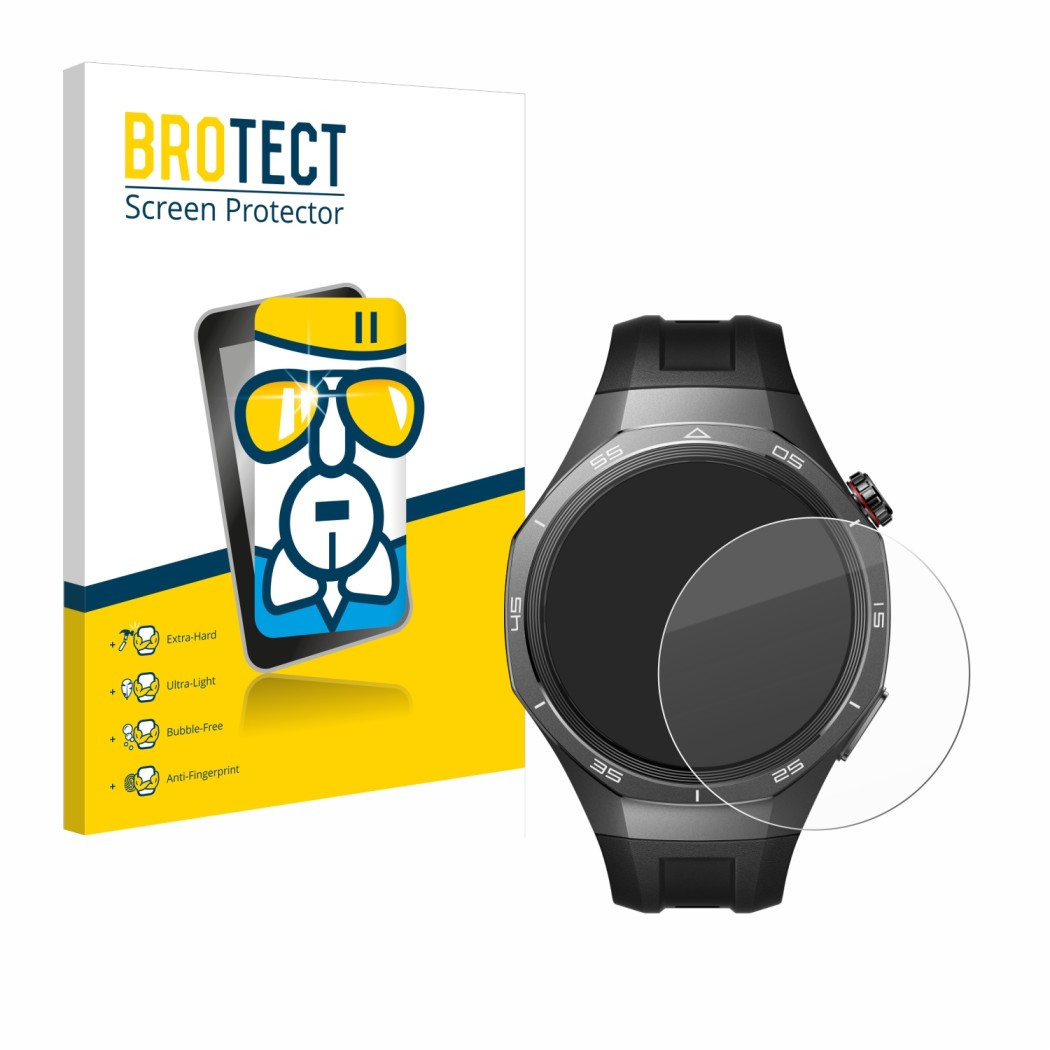 Parte frontal de un envase de producto con el logotipo de la marca BROTECT. Al lado se muestra el dispositivo Huawei Watch GT 