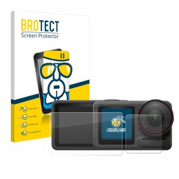 Face avant d’un emballage produit avec le logo de la marque BROTECT. À côté, l’appareil DJI Osmo Action 5 Pro est représenté a