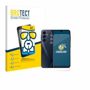 Parte frontal de un envase de producto con el logotipo de la marca BROTECT. Al lado se muestra el dispositivo Samsung Galaxy A