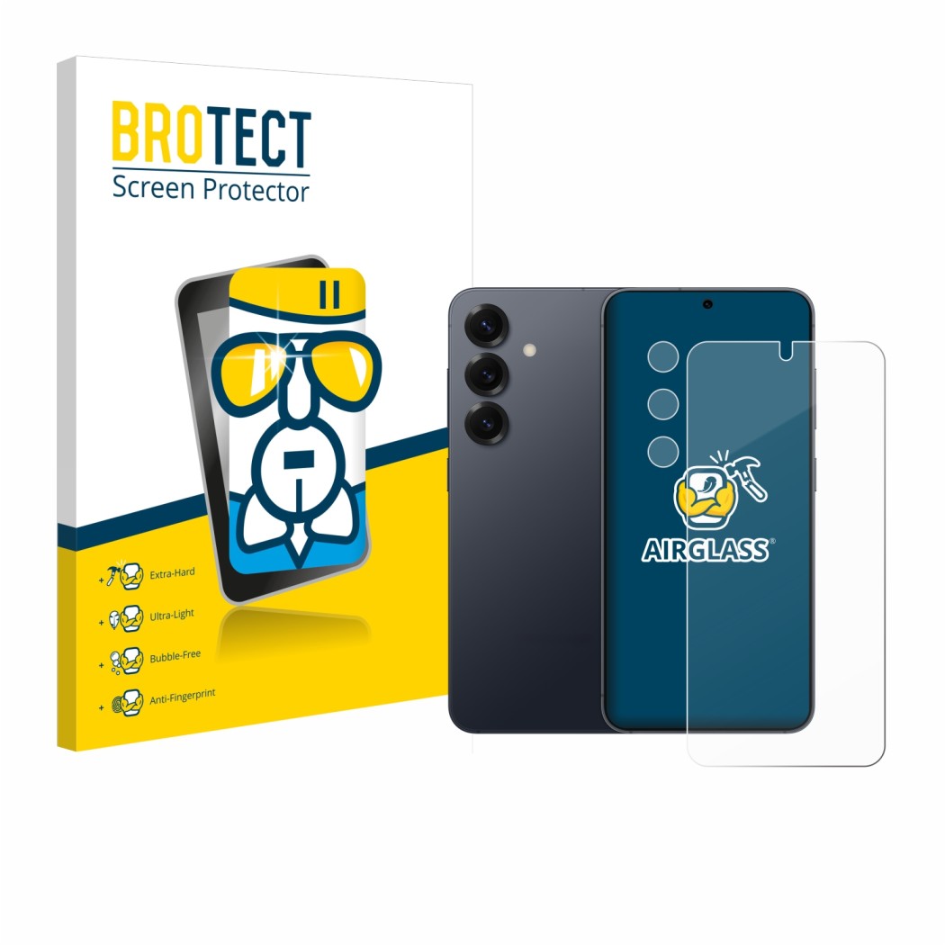 Vorderseite einer Produktverpackung mit dem Markenlogo BROTECT. Daneben ist das Gerät Samsung Galaxy S25 (Display+Kamera) mit 