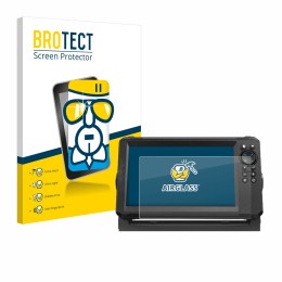 Front side of a product packaging with the brand logo BROTECT. Next to it is the device Lowrance Eagle 9 shown with the corres