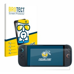 Face avant d’un emballage produit avec le logo de la marque BROTECT. À côté, l’appareil Nintendo Switch 2 est représenté avec 