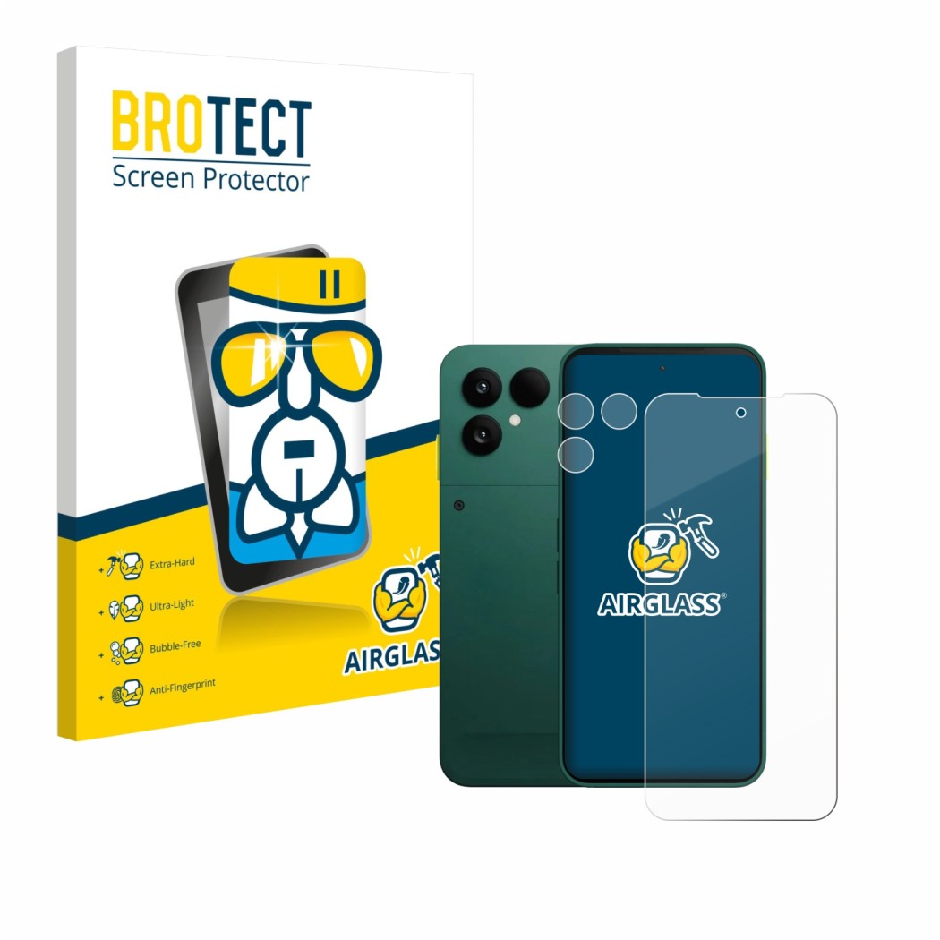 Front side of a product packaging with the brand logo BROTECT. Next to it is the device Fairphone 6 (Front+Camera) shown with 