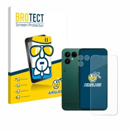 Front side of a product packaging with the brand logo BROTECT. Next to it is the device Fairphone 6 (Front+Camera) shown with 