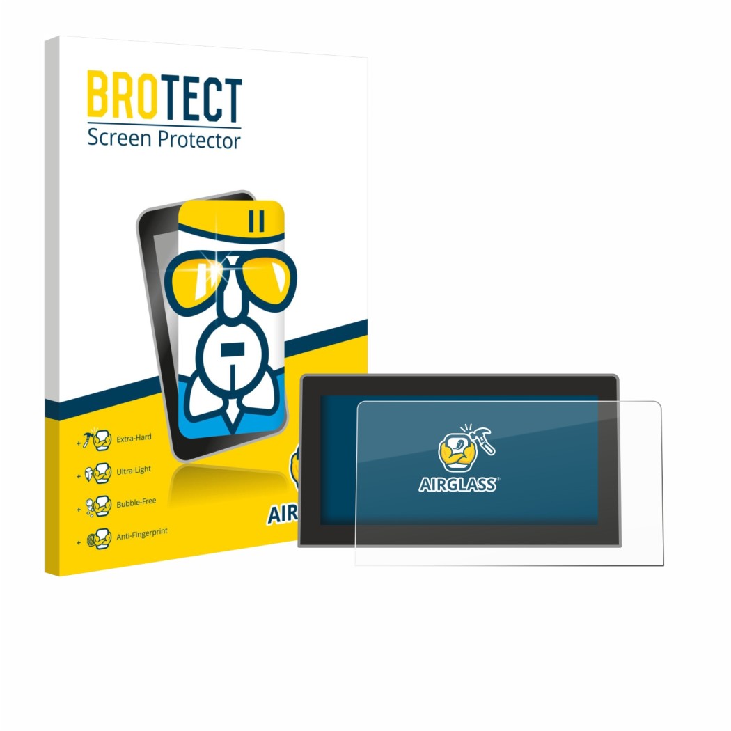 Front side of a product packaging with the brand logo BROTECT. Next to it is the device Volkswagen Golf MK8.5 12.9