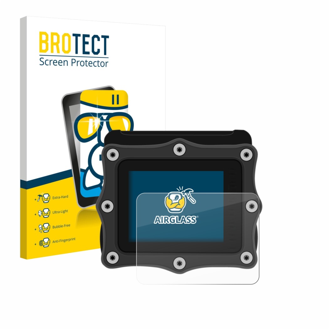 Front side of a product packaging with the brand logo BROTECT. Next to it is the device Shearwater Perdix 2 shown with the cor