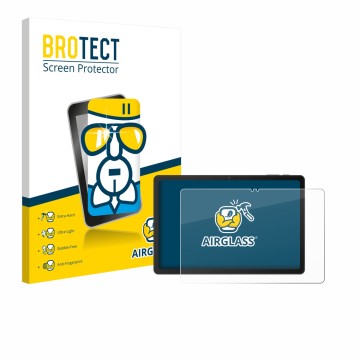 Parte frontal de un envase de producto con el logotipo de la marca BROTECT. Al lado se muestra el dispositivo VALE Tablet V11E