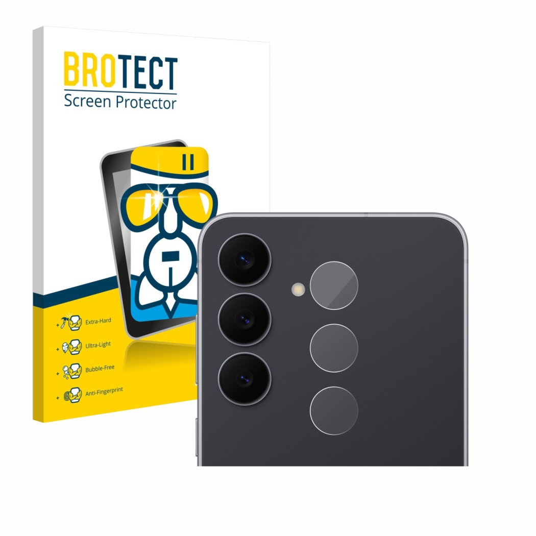 Front side of a product packaging with the brand logo BROTECT. Next to it is the device Samsung Galaxy S25 FE (ONLY Camera Len