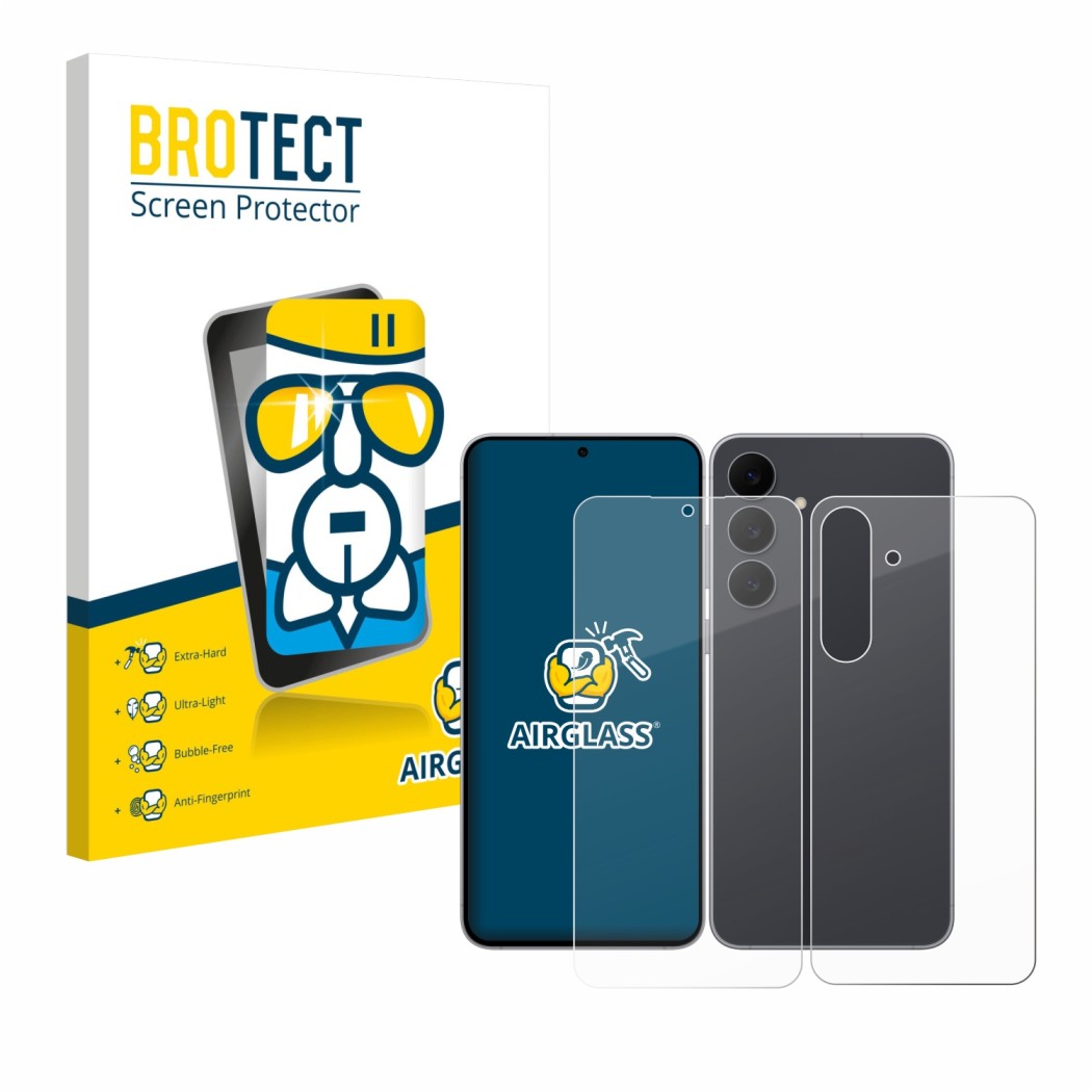 Face avant d’un emballage produit avec le logo de la marque BROTECT. À côté, l’appareil Samsung Galaxy S25 FE (Avant+Arrière)