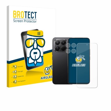 Front side of a product packaging with the brand logo BROTECT. Next to it is the device Xiaomi 15T Pro (Front+Camera) shown wi