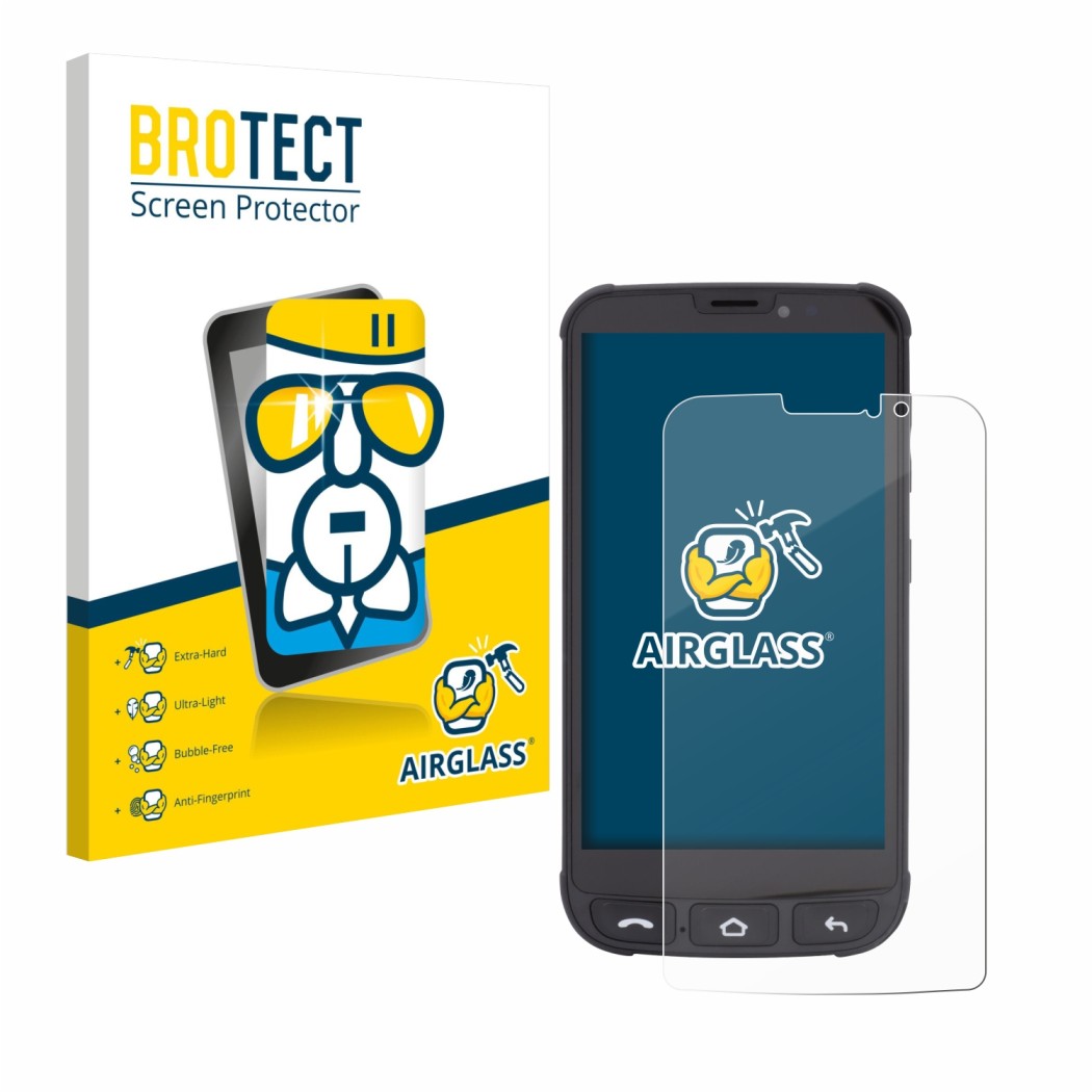 Front side of a product packaging with the brand logo BROTECT. Next to it is the device Olympia Neo Mini shown with the corres