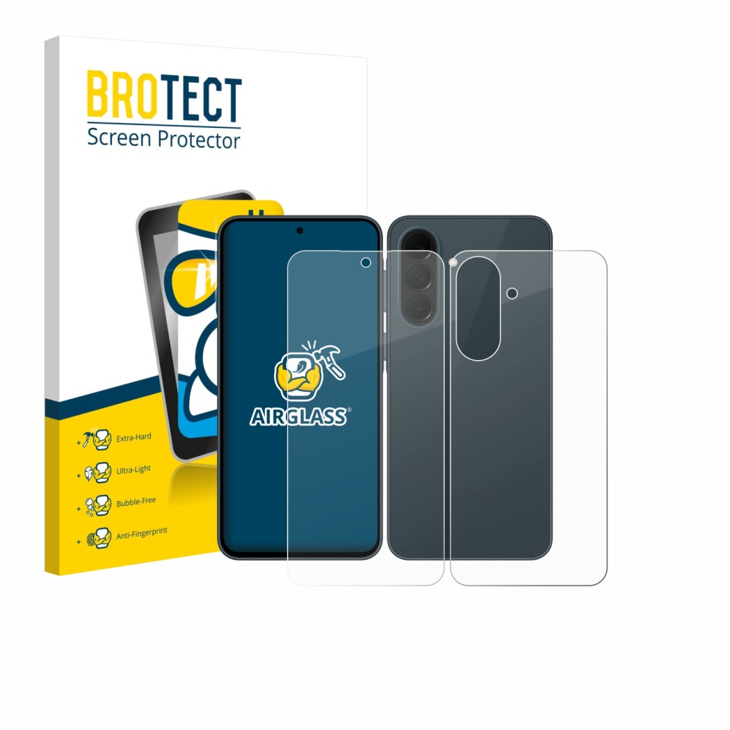 Face avant d’un emballage produit avec le logo de la marque BROTECT. À côté, l’appareil Samsung Galaxy A37 5G (Avant+Arrière)