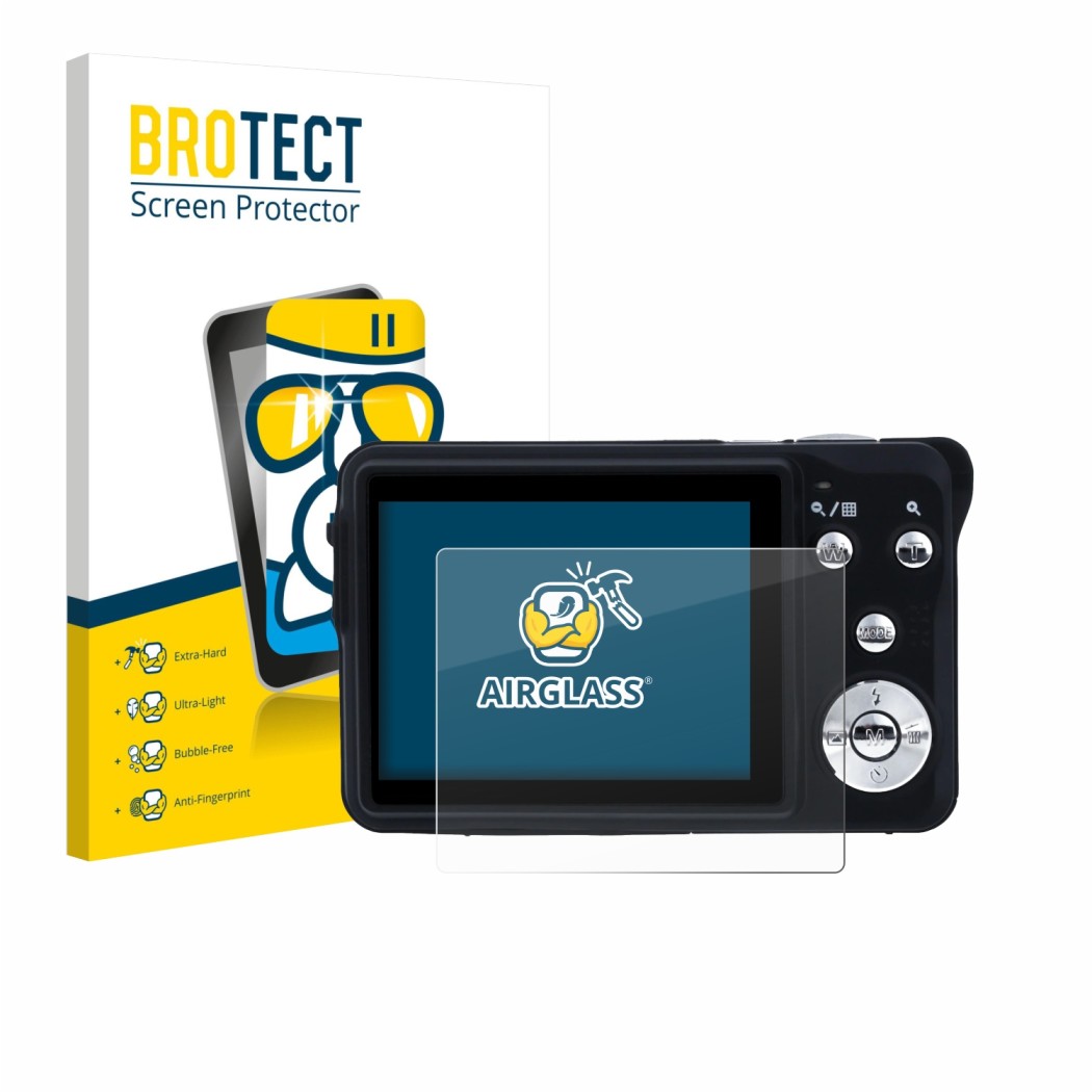 Front side of a product packaging with the brand logo BROTECT. Next to it is the device Rollei Compactline 880 shown with the 