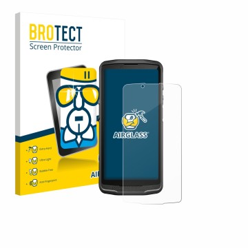 Front side of a product packaging with the brand logo BROTECT. Next to it is the device Crosscall Core M6 shown with the corre