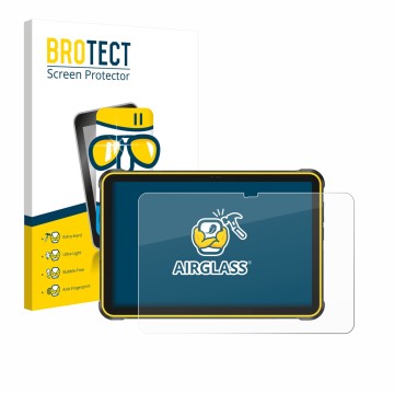 Parte frontal de un envase de producto con el logotipo de la marca BROTECT. Al lado se muestra el dispositivo Ulefone RugKing 