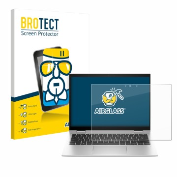 Face avant d’un emballage produit avec le logo de la marque BROTECT. À côté, l’appareil HP Elite x360 830 G10 2-in-1 est repré