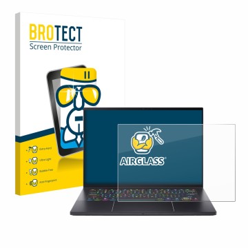 Face avant d’un emballage produit avec le logo de la marque BROTECT. À côté, l’appareil Acer Predator Triton 14 AI est représe