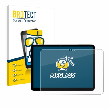 Parte frontal de un envase de producto con el logotipo de la marca BROTECT. Al lado se muestra el dispositivo Apple iPad Air 1