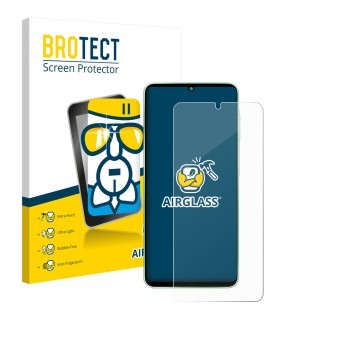 Parte frontal de un envase de producto con el logotipo de la marca BROTECT. Al lado se muestra el dispositivo Samsung Galaxy F