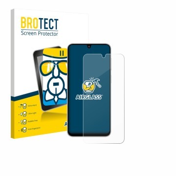 Parte frontal de un envase de producto con el logotipo de la marca BROTECT. Al lado se muestra el dispositivo Samsung Galaxy F