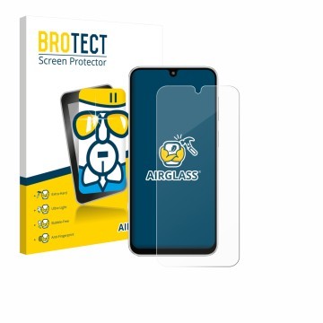 Parte frontal de un envase de producto con el logotipo de la marca BROTECT. Al lado se muestra el dispositivo Samsung Galaxy M