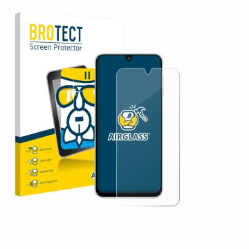 Parte frontal de un envase de producto con el logotipo de la marca BROTECT. Al lado se muestra el dispositivo Samsung Galaxy M