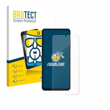 Face avant d’un emballage produit avec le logo de la marque BROTECT. À côté, l’appareil Samsung Galaxy M06 est représenté avec
