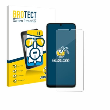 Parte frontal de un envase de producto con el logotipo de la marca BROTECT. Al lado se muestra el dispositivo Samsung Galaxy M